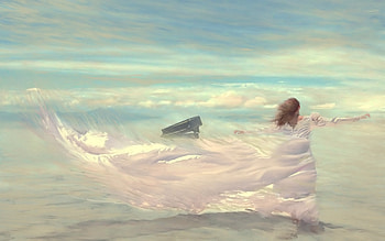 Piano in the wind, blue, white, art, girl, wind, painting, piano, pictura, luminos HD wallpaper