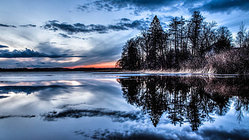 beautiful winter lake at dusk, winter, reflection, trees, dusk, lake HD wallpaper