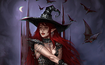Witch, moon, fantasy, art, girl, zero akuma, dark, halloween, redhead, hat HD wallpaper