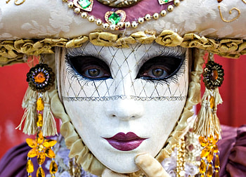 Venice Carnival, white, mask, girl, woman, pink, yellow, red, hat HD wallpaper