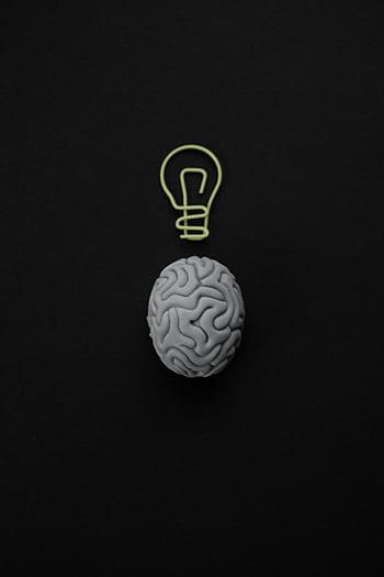 Gray brain with light bulb symbol on black background representing intelligence and creativity. HD phone wallpaper