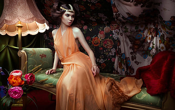 Malagoli Elemantica, femeie, model, sofa, girl, Daniel Ilinca, orange, dress, woman, retro, pink, light, green, vintage HD wallpaper