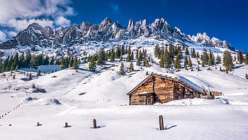 Lassen Volcanic National Park, California, snow, cabin, trees, landscape, sky, mountains, usa HD wallpaper