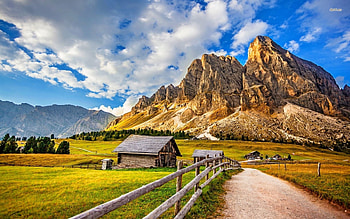 small farm surrounded by the golden mountains, farm, field, buidling, mountain HD wallpaper