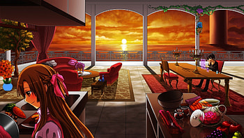 Sword Art Online, horizon, night, glow, nice, scenery, couple, short hair, cloud, female, sweet, house, girl, asuna yuuki, yuuki, anime girl, sao, anime, pretty, light, hair, lovely, home, kirito, lover, yuuki asuna, long hair, beauty, scenic, sparks, male, sun, kirigaya, table, scene, asuna, kirigaga kazuto, beautiful, food, boy, candle, love, sky HD wallpaper