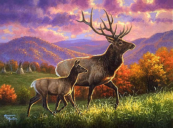 Respect Your Elders, attractions in dreams, paintings, summer, love four seasons, animals, deer, fields, clouds, nature, sky, mountains HD wallpaper