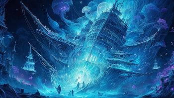 Ghost Ship, ghost, ship, blue, glow, underwater HD wallpaper