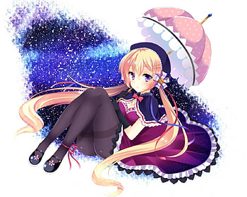 Hime-sama, umbrella, colorful, cute, stars, dress, purple eyes, beauty, twintails, blonde hair, female, bow, long hait, ribbon, gloves, beautiful, anime girl, pantyhose, anime, lights, cool, sky, cleavage HD wallpaper