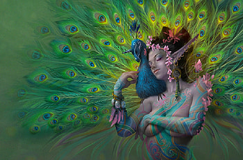 Peacock Fairy, fairy, digital, art, fantasy, , peacock, girl, woman, beautiful HD wallpaper