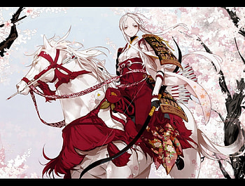 sengoku princess shiroyasha, beautiful girl, silver hair, art, archer, long hair, spring, sakura tree, armor, cute girl, horse riding, battle armor, pretty girl, white horse, cherry blossoms, bow HD wallpaper