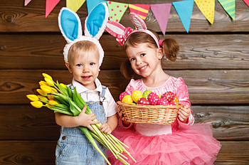 Happy Easter!, blue, egg, tulip, children, pasti, girl, copil, bunny, pink, boy, flower, yellow, couple, ears, easter HD wallpaper