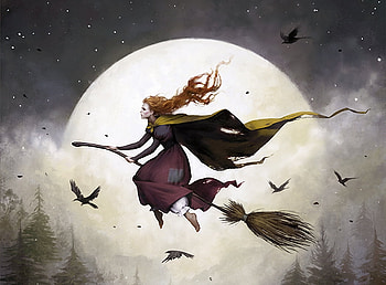 Witch, melaniedelon, broom, girl, melanie delon, citrouille, halloween, moon, fantasy, luna, autumn, luminos HD wallpaper