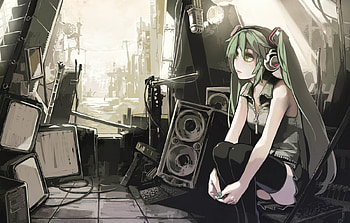 Grunge City, speaker, art, screens, miku, tv, decks, hatsune, twintails, grunge HD wallpaper