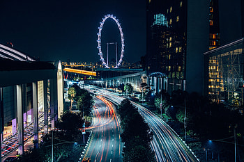 Cities, Building, Lights, Road, Long Exposure, Night City, Ferris Wheel HD wallpaper