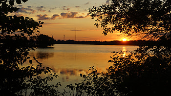 Nature, Sunset, Sky, Sun, Lake, Branches HD wallpaper