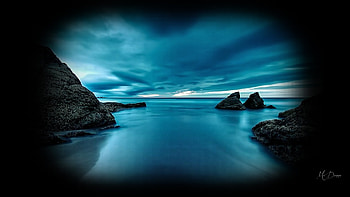 Calm Sea, blue, sea, rocks, Firefox theme, moonlight, cliffs, clouds, evening, ocean HD wallpaper
