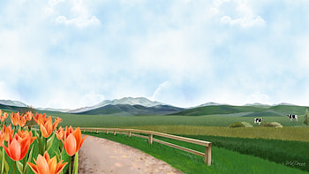 Cattle Country, firefox persona, farm, country, ranch, cows, field, holstein, fence, clouds, flowers, sky, mountains HD wallpaper