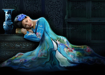 Japanese Green, blue, japanese, lady, oriental, beauty HD wallpaper
