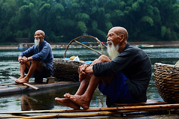 Two Chinese Men, Boat, China, Nature, Bamboo, People, Basket, Men, River, Old HD wallpaper