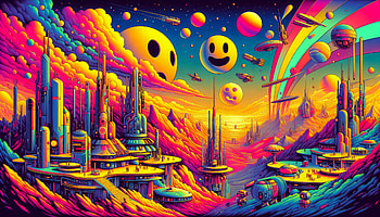Emoticon Fantasy Space, emoticon, futuristic, landscape, Digital Art, vibrant colors HD wallpaper