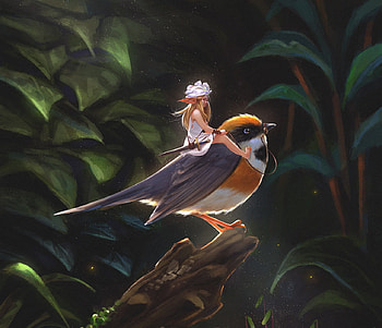Little companion, art, bird, girl, mini, elf, fairy, azika han, fantasy, luminos, giant HD wallpaper