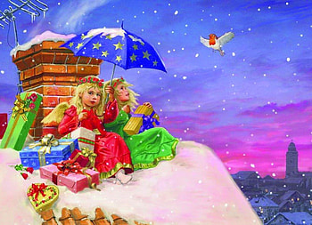 Winter angels, umbrella, covered, stars, nice, roof, holiday, painting, snow, new year, friends, frost, snowy, frozen, art, house, cold, gifts, beautiful, angels, pretty, christmas, view, nature, sky, girls, lovely, village HD wallpaper