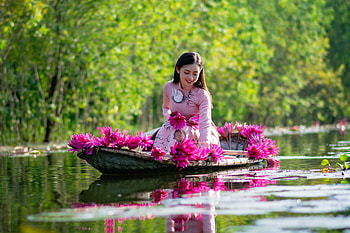 ღ, Asian, Boat, Water lilies, Smile HD wallpaper