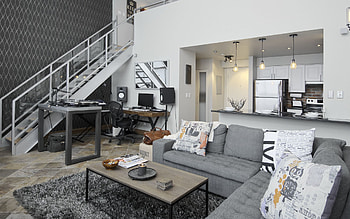 interior of two-storey apartments, stylish interior design, gray interior, idea for two-storey apartments, modern style HD wallpaper