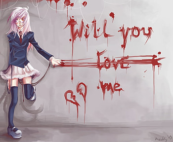 will you love me, alone, uniform, red eyes, pink hair, long hair, dress HD wallpaper