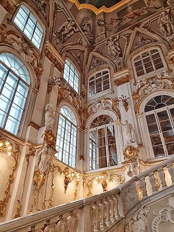 Luxurious Baroque interior with gilded details in Russia's Winter Palace, showcasing ornate design. HD phone wallpaper