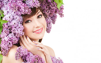 Spring lady, white, model, smile, girl, spring, woman, purple, pink, flower, face, lilac HD wallpaper