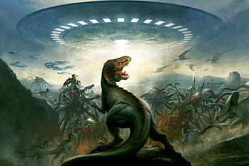 dinosaur vs aliens, dinosaur, rocks, spaceship, alien HD wallpaper