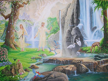 Paradise, forest, animals, woman, man HD wallpaper