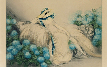 Lady with blue flowers, painting, hydrangea, art, flower, girl, dress, louis icart HD wallpaper