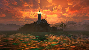 Lighthouse at Sunset, sky, sea, hills, clouds, colors, landscape HD wallpaper