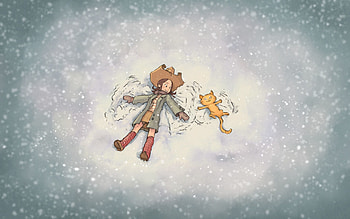 Art, Snow, Friendship, Cat, Girl, Play HD wallpaper