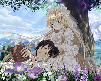 Gosick, blond hair, blonde, nice, scenery, flower, blonde hair, cloud, female, handsome, sweet, girl, grass, tree, kawaii, anime girl, plant, anime, view, guy, lovely, cute, floral, relax, sleeping, long hair, scenic, male, sleep, blond, scene, rest, book, boy, sky HD wallpaper