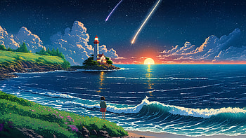 Sunset Lighthouse Refreshing Pause, sunset, lighthouse, sea, sky, stars, star, artist, artwork, art, digital-art, ai, deviantart HD wallpaper