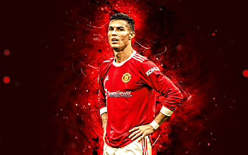 Cristiano Ronaldo, close-up, Manchester United FC, football stars, CR7, Manchester United, Cristiano Ronaldo Manchester United, red neon lights, CR7 Man United, Cristiano Ronaldo HD wallpaper