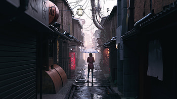 The Alley, street, alone, umbrella, artist, artwork, digital-art, artstation HD wallpaper