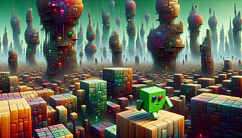 Futuristic Cityscape with Green Character -, 3D Art, abstract landscape, vibrant colors HD wallpaper