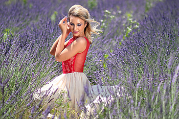 Blonde Girl Red Dress Lavender Field , blonde, girls, model HD wallpaper