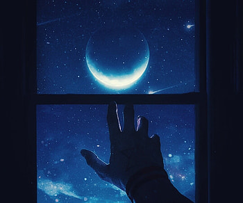 Alone with the moon, luna, srijith m, hand, silhouette, panicker, night, blue, art, window, moon, fantasy HD wallpaper