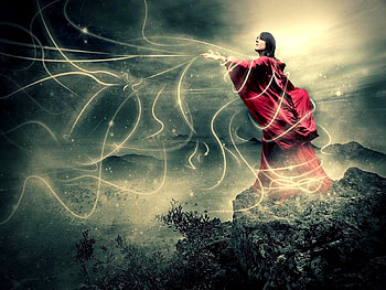 POWER WAVES, power, fantasy, stand, girl, red dress, rock HD wallpaper