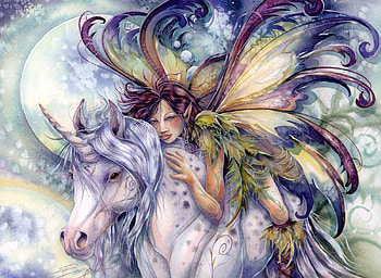 Fairy And Unicorn, fairy, wings, moon, fantasy, unicorn, stars HD wallpaper