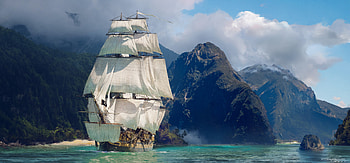 Epic Fantasy Voyage: Ship Sailing Through Mystical Mountains, fantasy, ship HD wallpaper