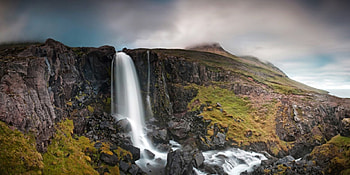 Waterfall, landscape, clouds, hills HD wallpaper