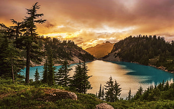 Alpine Burn, Alpine lakes wilderness, Washington, clouds, colors, landscape, trees, sky, mountains, usa, lake HD wallpaper
