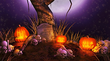 Halloween Night, tombstone, bones, Fall, stars, Autumn, tree, skulls, pumpkins, gravestone, moon, jack o lanterns, Halloween HD wallpaper