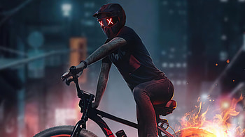 Bicycle Rider Fire Burnout , bicycle, artist, artwork, digital-art, helmet, burnout HD wallpaper